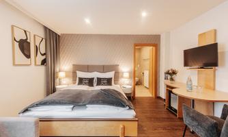 A modern hotel room with a double bed, two nightstands, and a television. The decor is simple and elegant, with a wooden desk and decorative pictures on the wall.