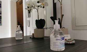 A clean table with two plants and a bottle of hand sanitizer. In the background, there is an open door leading into a bright room.