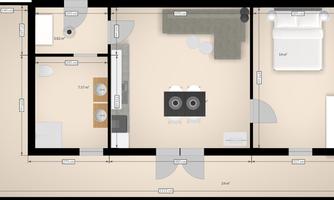 A schematic representation of an apartment with a living room and bedroom, as well as a kitchen. The rooms are clearly separated and functionally arranged.