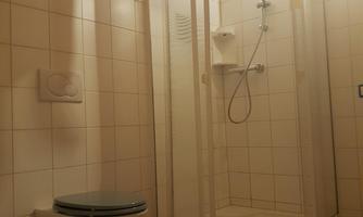 A modern bathroom with a shower cabin and a toilet. The floor is designed with classic black-and-white checkered tiles.