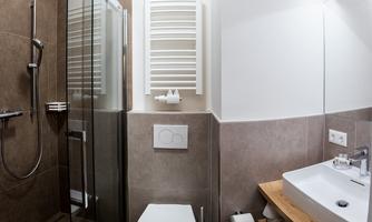 A modern bathroom with a glass shower, toilet, and sink. The walls are in neutral colors, and there are wooden details.