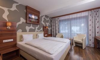 A modern bedroom with two single beds and elegant wooden furniture. Large windows provide plenty of daylight and a cozy atmosphere.