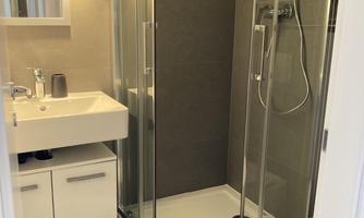 A modern bathroom with a glass shower and a sink. The walls are in neutral colors, and there is bright lighting.