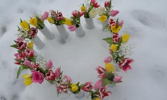 A heart made of colorful flowers in vases, surrounded by snow. The colors are vibrant and bring freshness to the wintry environment.