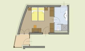 A floor plan drawing of a room with a bedroom, bathroom, and a living area. The furniture is drawn schematically.