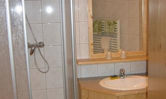 A small bathroom with a shower, a sink, and a mirror. The walls are tiled and there are wooden shelves.