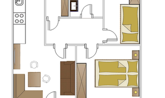 A floor plan of a family apartment with two bedrooms, an open living kitchen, and a dining area. The apartment also includes a covered terrace.