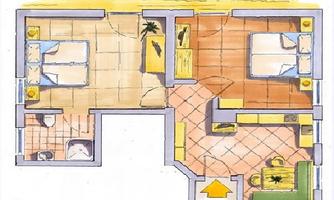 A floor plan with two bedrooms, one bathroom, and a living area. The layout shows an open design and is surrounded by palm trees.