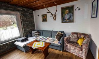 A cozy living room with a gray sofa and a checkered armchair. Paintings are hanging on the wall and a deer antler is decoratively mounted.