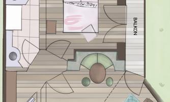 An apartment with one bedroom, a living room, and two balconies. The floor plan shows an open and cozy layout.