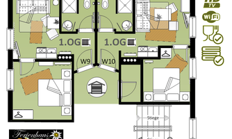 A floor plan drawing of a holiday apartment with two bedrooms, kitchens, and bathrooms. It shows the arrangement of the furniture and the access points.