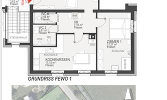 An apartment floor plan with several rooms and a balcony is depicted. Additionally, there is a site plan featuring a pond and the position of the building.