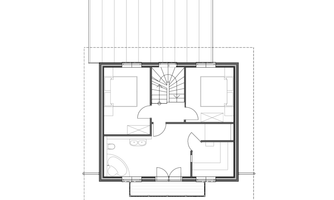 A house floor plan with two bedrooms, one bathroom, and an open living area. The arrangement of the rooms is clearly and functionally designed.