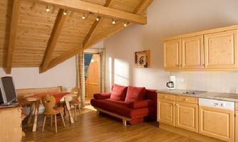 A cozy holiday apartment with a wooden ceiling and modern furniture. The kitchen is well-equipped, and the living area invites you to relax.
