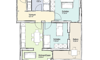 A floor plan of an apartment with various rooms, including bedroom, living room, bathroom, and balcony. The rooms are clearly marked and provided with their respective square meter indications.