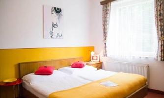 A cozy bedroom with a large bed and colorful cushions. The walls are yellow and a large window provides plenty of daylight.