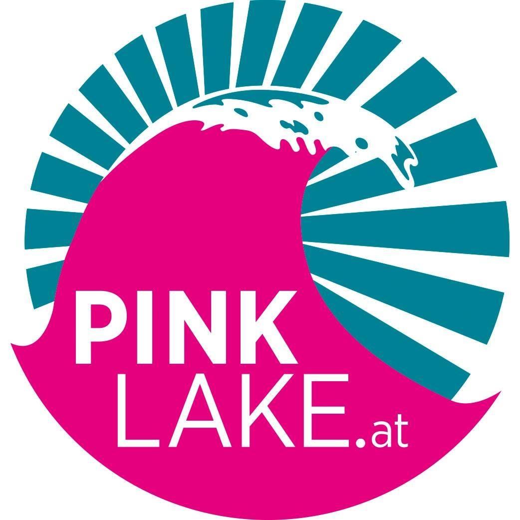 Logo von Pink Lake.at mit einer pinken Welle und türkisen Strahlen