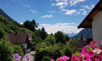 A picturesque landscape with colorful flowers in the foreground. Behind the flowers, you can see green trees, huts, and a clear blue sky.