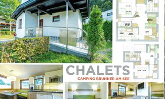 A modern chalet in a quiet location with green spaces and a view of the surroundings. The image also shows an interior view with a cozy living and sleeping area.