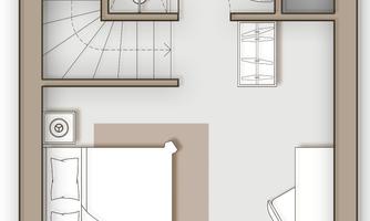 A schematic representation of a room with a bed, a table, and a bathroom. The stairs are also drawn in.