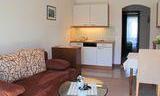 A cozy living kitchen with a brown sofa, a round table, and a modern kitchenette. The room is bright and inviting.