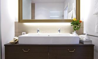 A modern bathroom with a double sink and a large mirror. The decor is simple and elegant, with warm wood tones.