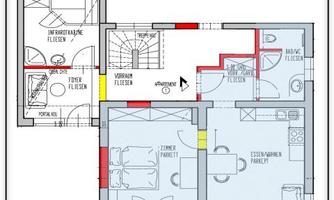 Floor plan of an apartment with multiple rooms, including a living area, bedroom, and terrace. The different areas are marked with lines and labels.
