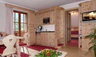 A cozy vacation apartment with wooden furniture and a modern kitchen area. A bedroom and a television are visible in the background.