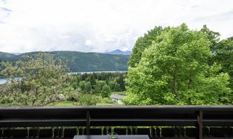 View from a balcony overlooking a green landscape with trees and a tranquil lake. The sky is cloudy, creating a peaceful atmosphere.
