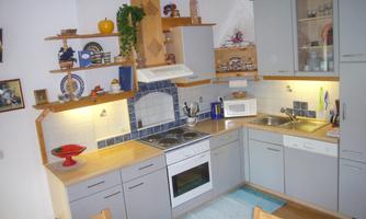 A modern kitchen with wooden shelves and a blue tiled backsplash. The equipment includes a stove, a microwave, and a sink.