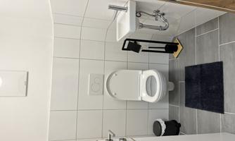 A simple bathroom with a toilet and a small sink. The floor is tiled with gray tiles.
