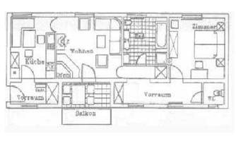 An apartment floor plan with different rooms such as kitchen, living room, and balcony. The rooms are clearly structured and well arranged.
