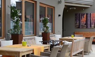 A cozy outdoor area with wooden panels and modern chairs. Large windows offer a view of nature and decorative plants provide an inviting atmosphere.