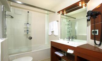A modern bathroom with a shower and bathtub. The wash area is equipped with a large mirror and a hairdryer.