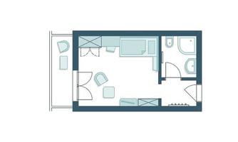 A simple floor plan drawing of an apartment. The rooms are clearly sketched with furniture and sanitary facilities.