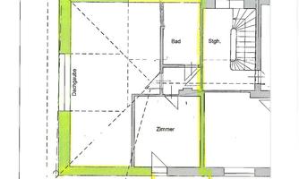 A floor plan of a living space with highlighted areas. The rooms include a bedroom, a bathroom, and a hallway.