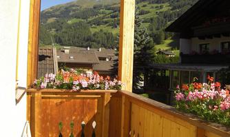 A balcony with a wooden railing and colorful flowers. In the background, green hills and mountains can be seen.