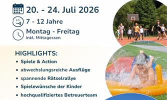 Ein Plakat für ein Sommercamp in Radenthein vom 20. bis 24. Juli 2026. Es bietet Spiele, Ausflüge und ein engagiertes Betreuerteam für Kinder im Alter von 7 bis 12 Jahren.