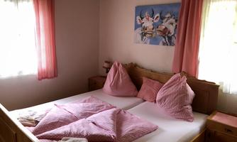 Bedroom with a large double bed and pink pillows. A picture of cows hangs on the wall, and the room has light curtains.