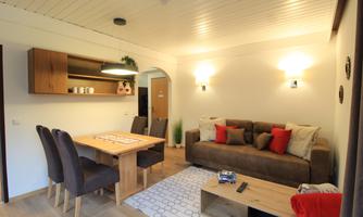 An inviting living room with a cozy sofa, a dining table, and modern lighting. The decoration is simple and friendly, ideal for relaxing hours.