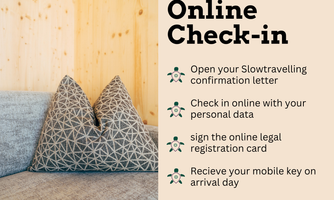 A cozy couch with decorative pillows and a wooden wall in the background. Information about online check-in is clearly displayed.