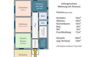 A graphic representation of a floor plan for an apartment in the basement. The apartment includes a bedroom, living room, kitchen, bathroom, and a terrace.
