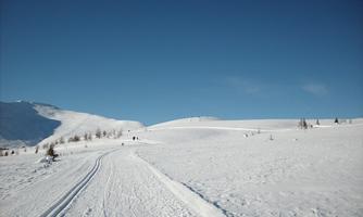 A snowy landscape with a clear blue sky. The path winds through the white winter scenery.