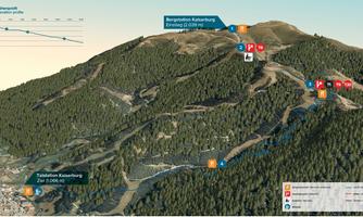 An overview map of the Kaiserburg mountain station with marked paths and facilities. It shows the elevation and location of the area, surrounded by forests.