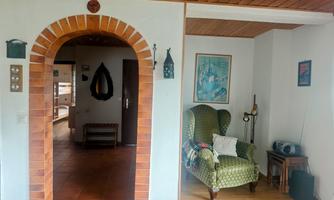 A cozy living room with a green armchair and a striking arch.  
Walls are decorated with pictures and the floor is made of wood.