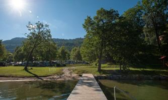 A tranquil riverside landscape with a wooden boardwalk and green trees. In the background, gentle hills are visible under a clear blue sky.