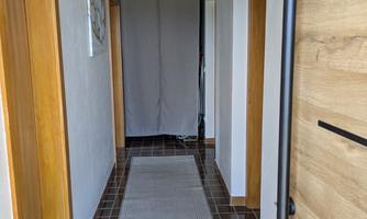 A bright hallway with brown doors and a long carpet. A gray curtain divided the room at the end of the hallway.