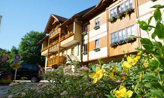 A charming building with wooden cladding and flower boxes. In the foreground, yellow and pink flowers are blooming.