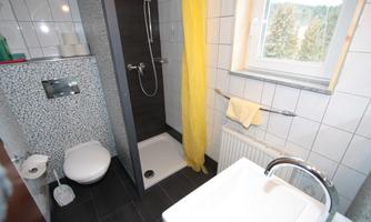 A modern bathroom with a shower, a sink, and a toilet. The walls are tiled, and a large window lets in daylight.