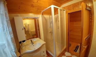 A modern bathroom with a shower and a sauna. The walls are in neutral colors and the wood conveys a cozy atmosphere.